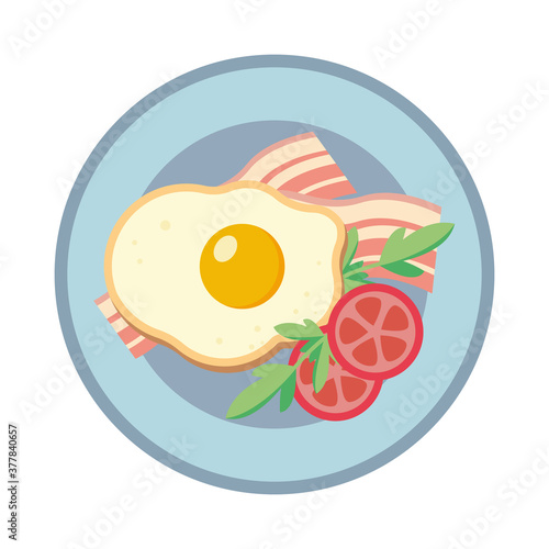 Fried eggs with bacon and tomato. Vector illustration.
