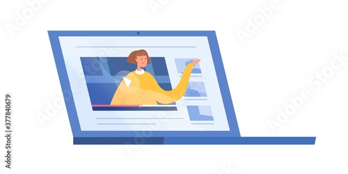 Female explaining or talking from screen of laptop vector flat illustration. Woman teaching at distance learning webinar isolated on white. Internet education, online study, courses or tutorial