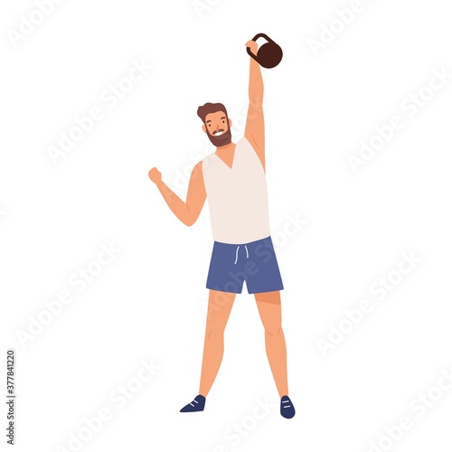 Athletic male lifting kettlebell demonstrate power vector flat illustration. Muscular weightlifter or powerlifter training with heavy equipment isolated on white. Strong sportsman having workout