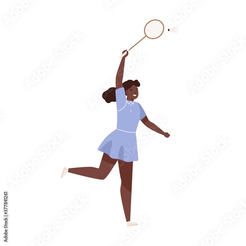 Dark skin female badminton player jumping hitting shuttlecock vector flat illustration. Sportswoman with racket demonstrate smash at training isolated on white. Woman enjoying physical activity