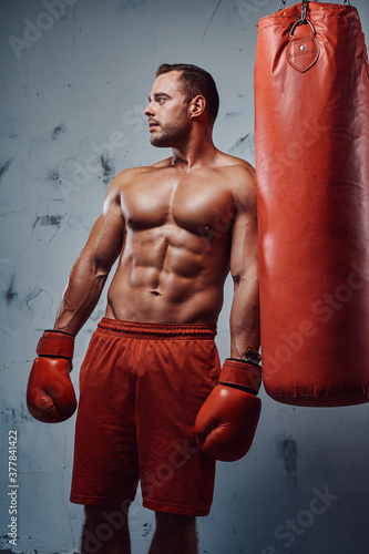 Confident sportsman with strong hands which protected with boxing gloves posing around punching bag. © Fxquadro