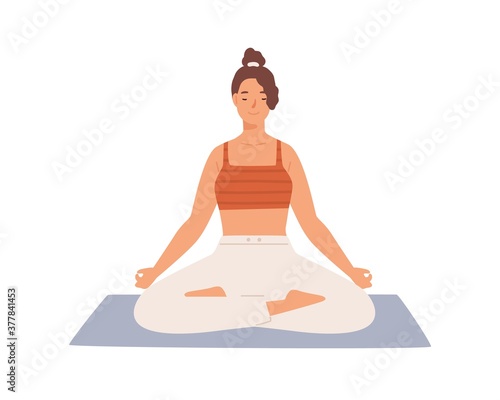 Happy woman with closed eyes sitting in lotus position practicing yoga vector flat illustration. Smiling female with crossed legs meditating on mat isolated on white. Relaxed person enjoying leisure