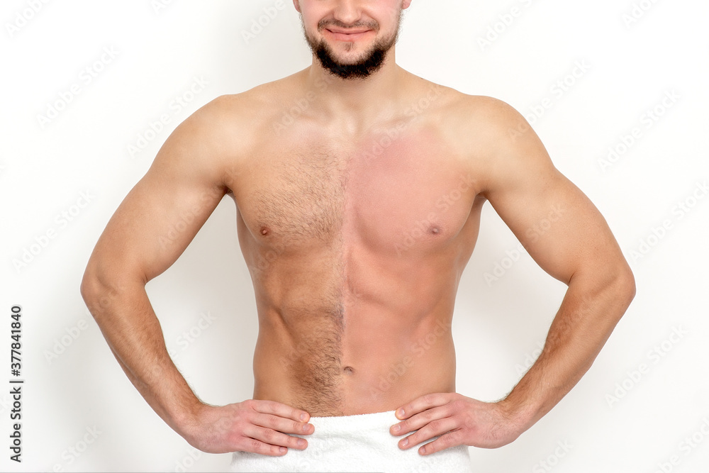 Fototapeta premium Young caucasian man with bare chested before and after waxing his hair stands on white background