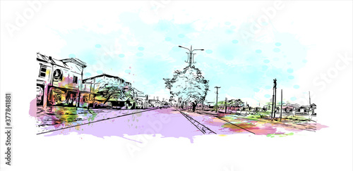 Building view with landmark of Banda Aceh is the capital and largest city in the province of Aceh, Indonesia. Watercolor splash with hand drawn sketch illustration in vector.