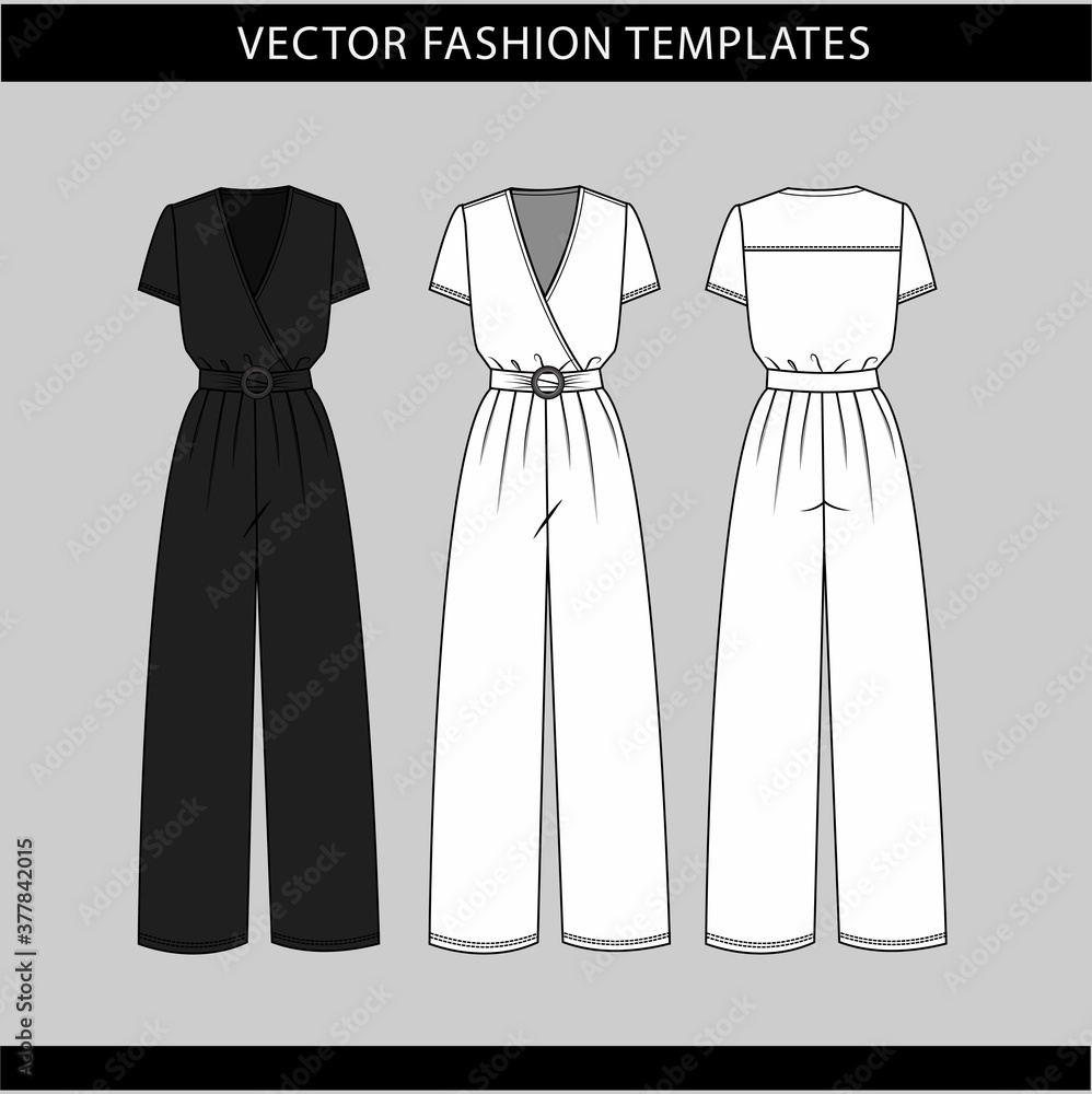 jumpsuit fashion flat sketch template,Front and back view of a jumpsuit