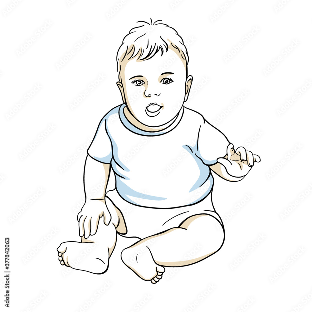 Sitting cute happy baby. Boy newborn in a diaper isolated on white ...