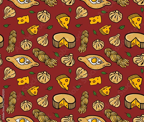 Seamless pattern with cheeses, khachapuri, khinkali, suluguni. Vector Georgian background