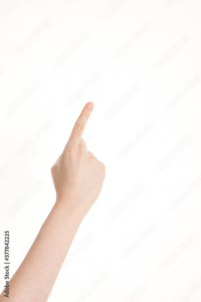 woman's hand pointing on white background woman's hand pointing on white background