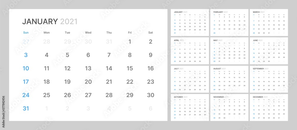 Monthly calendar template for 2021 year. Week Starts on Sunday. Wall calendar in a minimalist style.