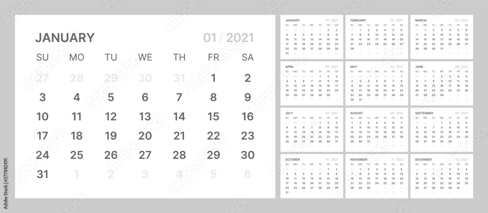 Monthly calendar template for 2021 year. Week Starts on Sunday. Wall calendar in a minimalist style. Monthly calendar template for 2021 year. Week Starts on Sunday. Wall calendar in a minimalist style.