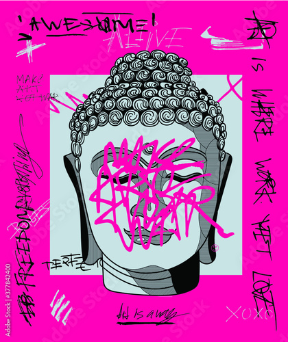 Buddha. Vector illustration hand drawn. Crazy pink calligraphy
