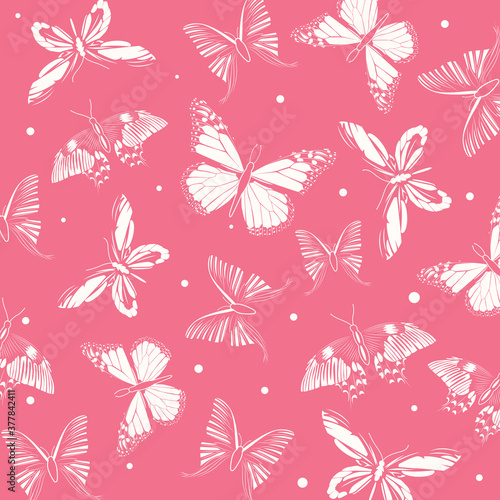 Seamless butterfly pink background in monochrome style
