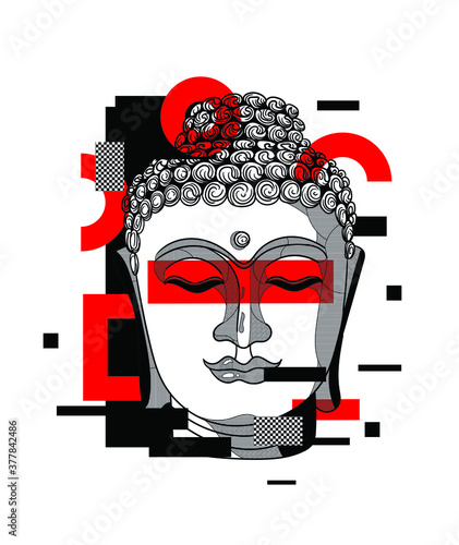 Buddha. Glitch red modern style. Vector illustration hand drawn. 