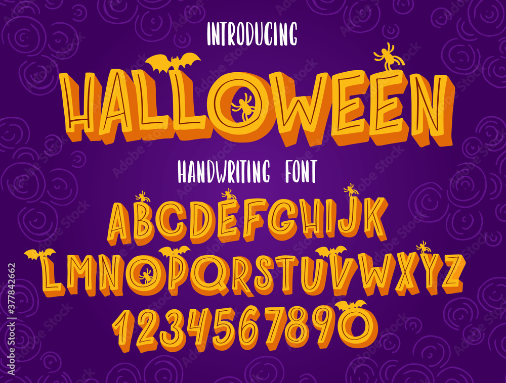 Halloween font. Typography alphabet with colorful spooky and horror illustrations.