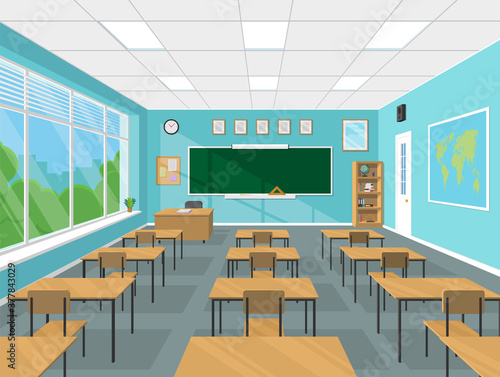 Classroom interior of a school or college with chalkboard, teacher's table, desks, school supplies. Flat design vector illustration