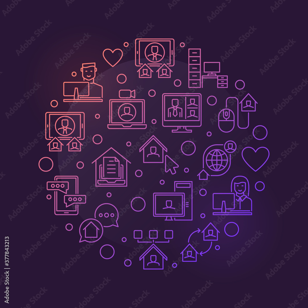 Work at Home or Freelance vector concept round colorful outline illustration on dark background