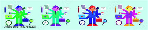 set of busy businessman doing a lot of work at office. happy businessman with six hands cartoon icon design template with various models. vector illustration