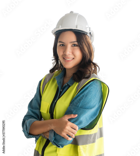 Confidence Female asian Engineer with safety equipment isolated on white.