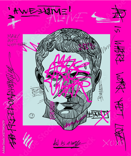 Julius Caesar. Vector illustration hand drawn. Crazy pink calligraphy
