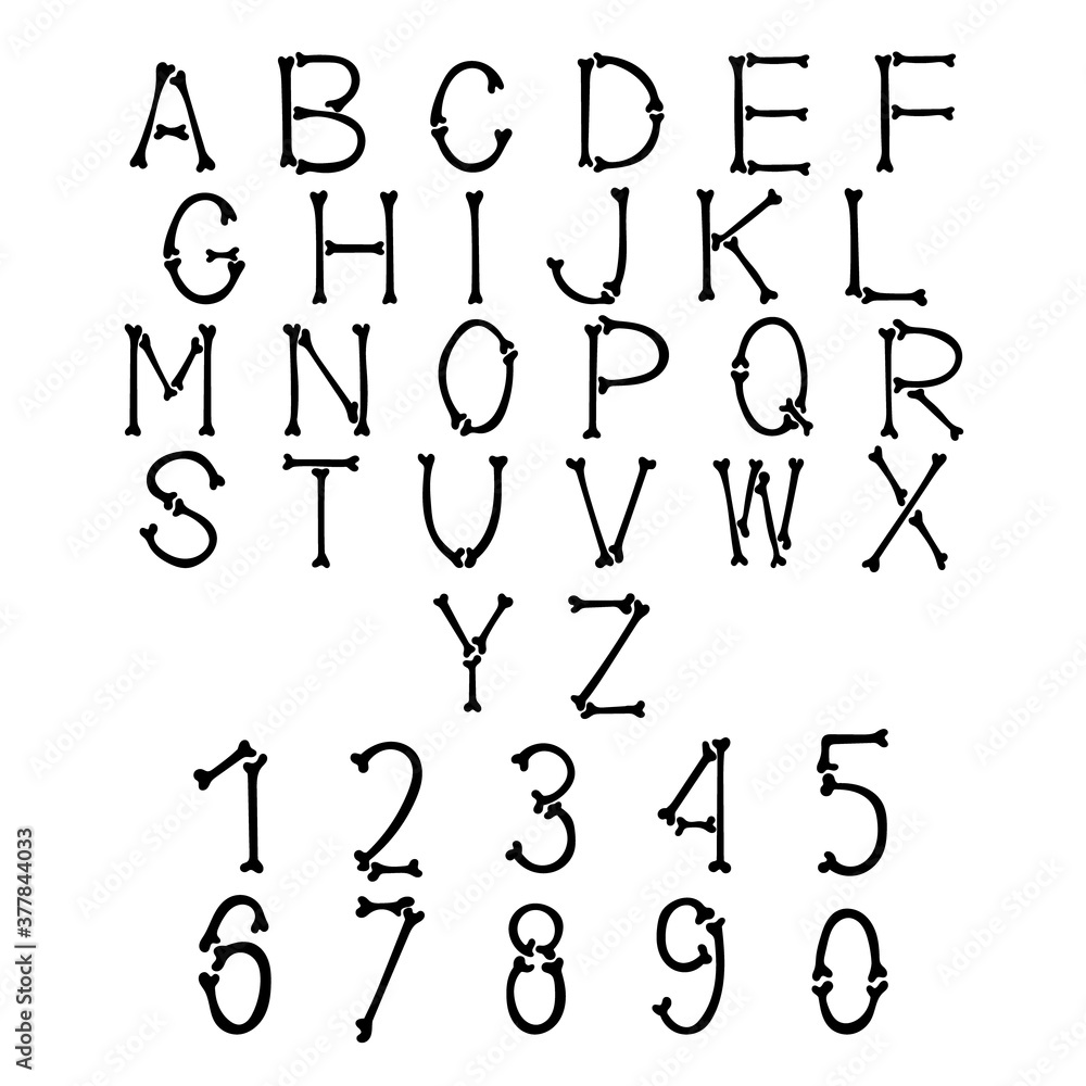 Obraz premium Vector english letters and numbers made of bones. Halloween black font