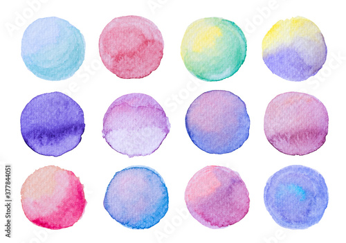 Collection label tag elements Set Watercolor brush paint strokes circle shape from a hand drawn on the white background