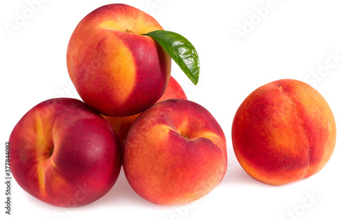 peach fruits with green leaf isolated on white background. full depth of field