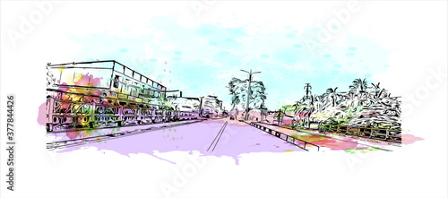 Building view with landmark of Banda Aceh is the capital and largest city in the province of Aceh, Indonesia. Watercolor splash with hand drawn sketch illustration in vector.