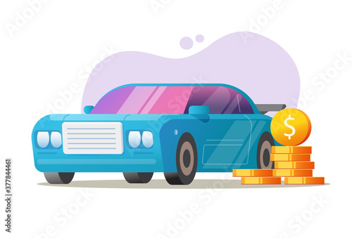Car vehicle money concept vector, auto tax price idea, automobile expenses cost or loan leasing, credit profit flat cartoon illustration