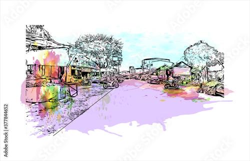 Building view with landmark of Banda Aceh is the capital and largest city in the province of Aceh, Indonesia. Watercolor splash with hand drawn sketch illustration in vector.