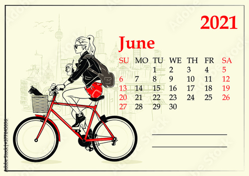 June. 2021 Calendar with fashion girl in sketch style.