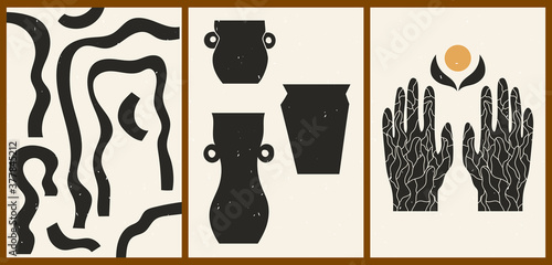 Set of three abstract minimalistic aesthetic backgrounds with hand, doodles, vases, sun, shapes, lines. Trendy colorful vector illustration for social networks, web design in vintage boho style.