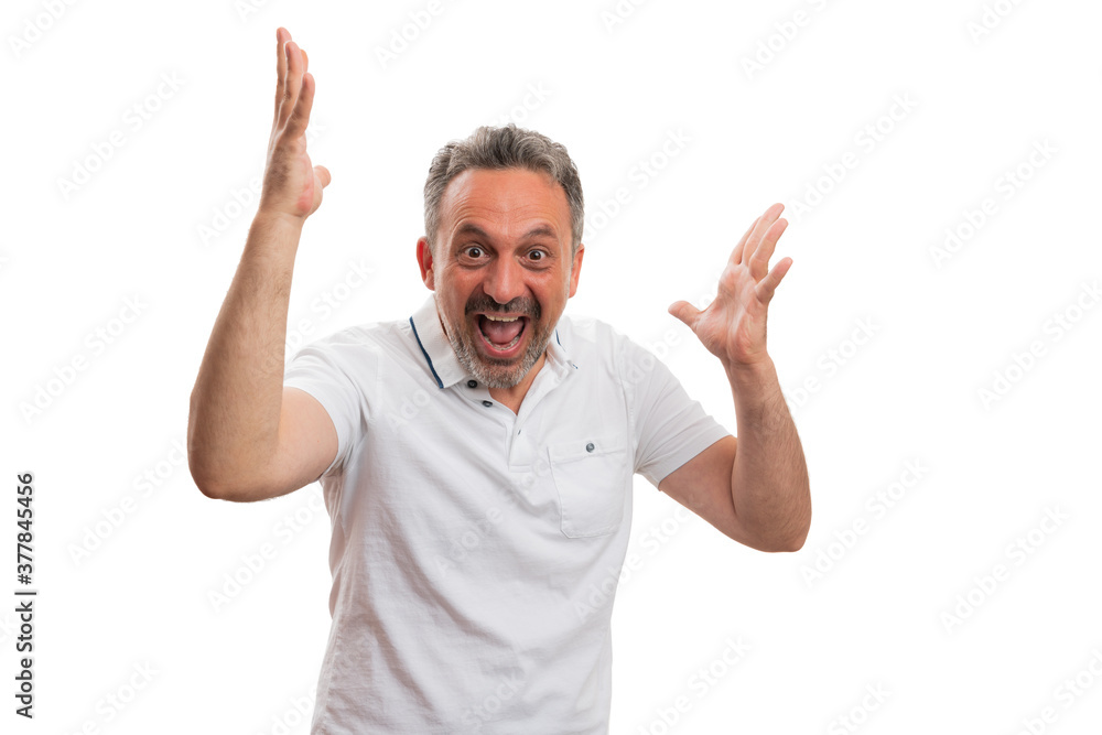 Naklejka premium Surprised adult male making gesture and expression with copyspace