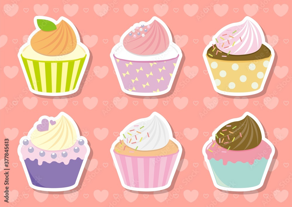 6 kinds of colorful cup cakes isolated on love background 6 kinds of colorful cup cakes isolated on love background