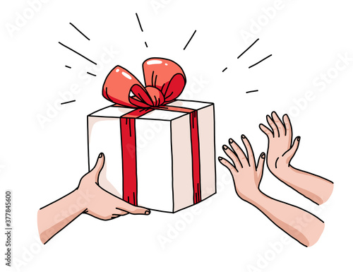 Human hands giving gift box to another pair. Happy presents giving. Holiday congratulation. Hand drawn doodle style, line art. Vector flat illustration.