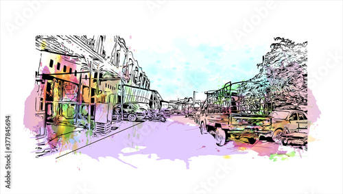 Building view with landmark of Banda Aceh is the capital and largest city in the province of Aceh, Indonesia. Watercolor splash with hand drawn sketch illustration in vector.