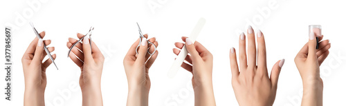 Manicure ad banner. Female hand hold manicure tools, nail polish bottle. Female hand with white nail design.