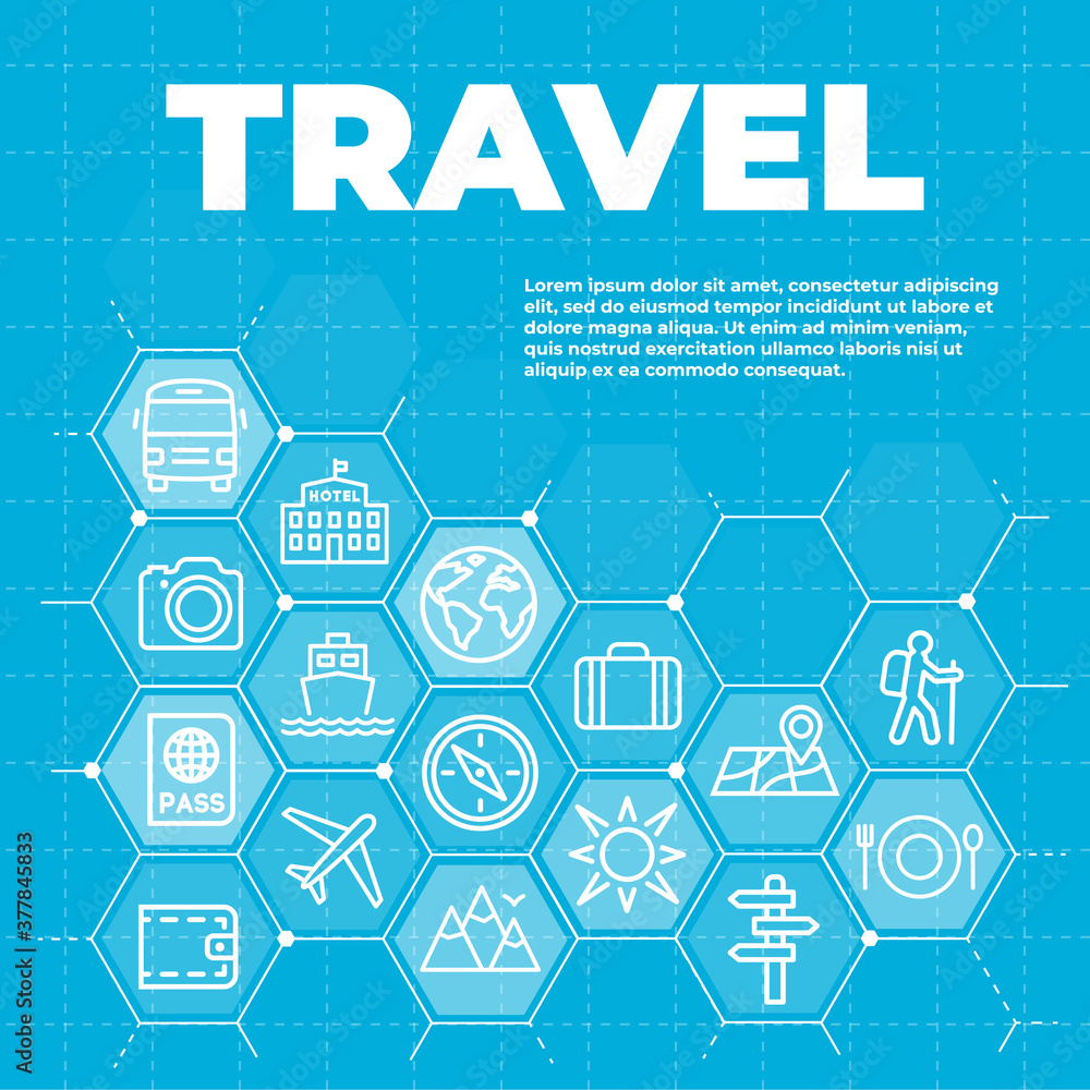Travel and tourism blue background with icons and signs