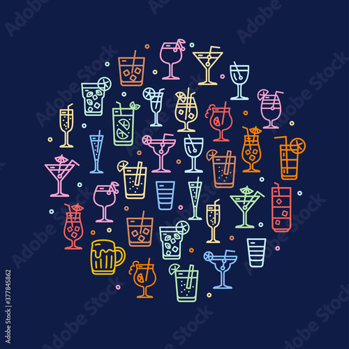 Alcohol Cocktail Round Design Template Contour Lines Icon Concept. Vector