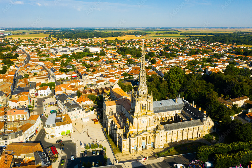 Aerial view of Lucon cityscape and cathedral of Notre Dame in Vendee department, western France