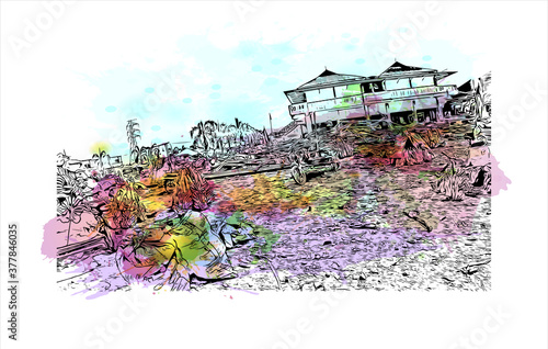 Building view with landmark of Banda Aceh is the capital and largest city in the province of Aceh, Indonesia. Watercolor splash with hand drawn sketch illustration in vector.