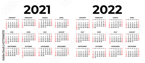 Calendar for 2021 and 2022 on white background