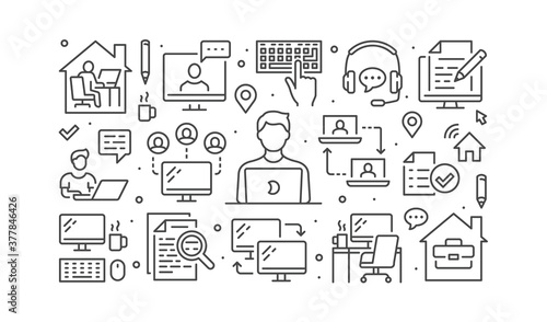 Work from home concept with line icons. Vector horizontal illustration included icon as freelance worker with laptop, workplace, pc monitor, business man outline pictogram for remote job brochure