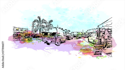Building view with landmark of Banda Aceh is the capital and largest city in the province of Aceh, Indonesia. Watercolor splash with hand drawn sketch illustration in vector.