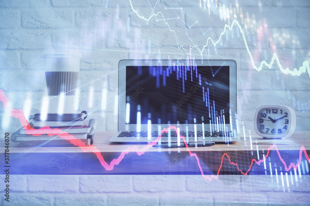 Stock market graph on background with desk and personal computer. Multi exposure. Concept of financial analysis. Stock market graph on background with desk and personal computer. Multi exposure. Concept of financial analysis.