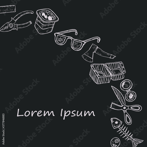 Card template with hand drawn garbage. Plastic pollution collection. Vector