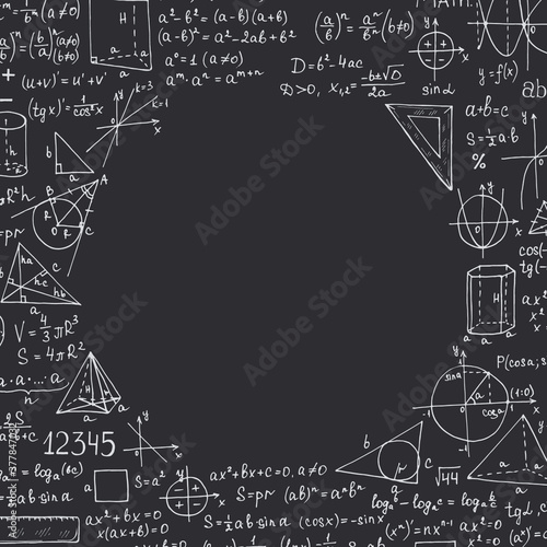 Card template with hand drawn mathematics formules and other elemets. Science collection. Vector doodlle illustration