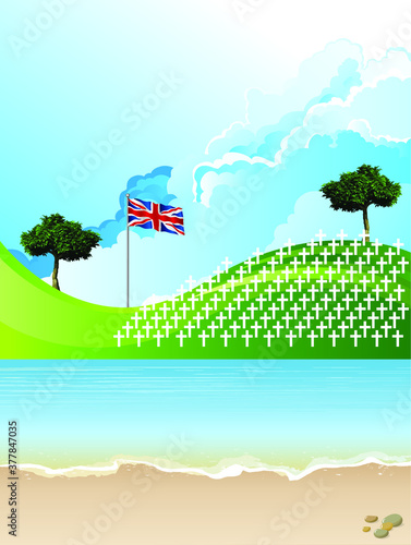 United Kingdom war grave headstones on a foreign shoreline set against a blue cloudy daytime sky