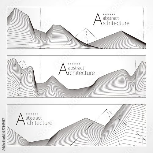 Architecture abstract modern building, Architecture building construction perspective line drawing design banner set.