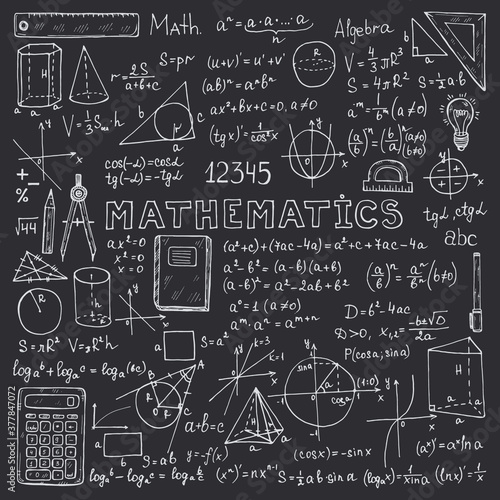 Set with hand drawn mathematics formules and other elemets. Science collection. Vector doolle illustration