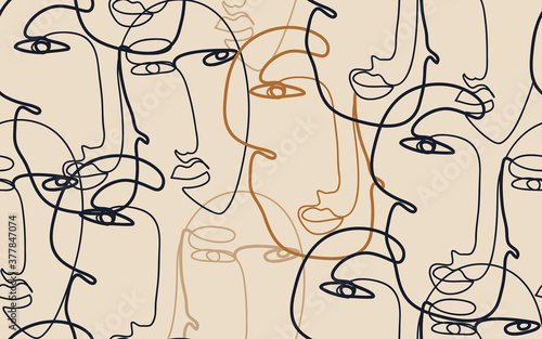 Continuous line drawing of faces. Modern fashionable pattern. Minimalist abstract aesthetic style.